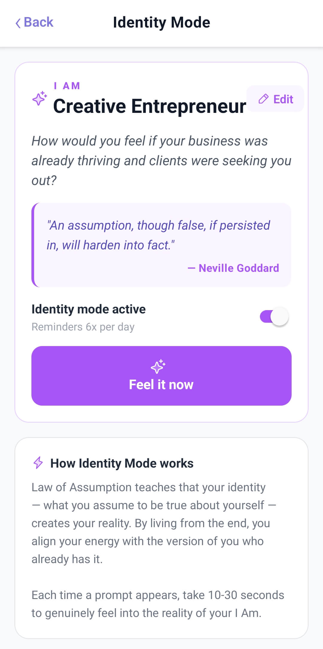 Identity Mode showing I Am statement and Neville quote