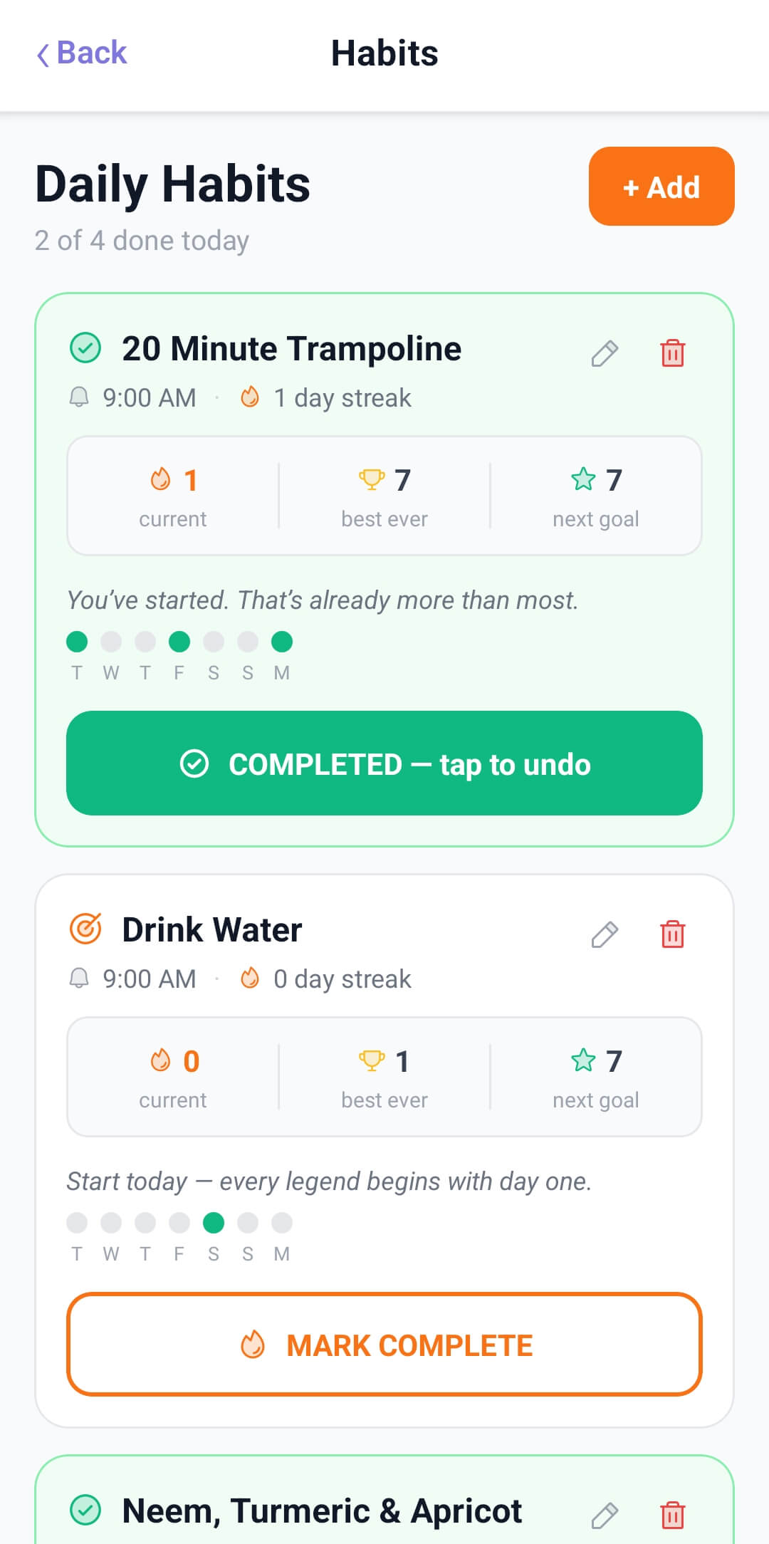 Habits screen with streak cards and 7-day dots