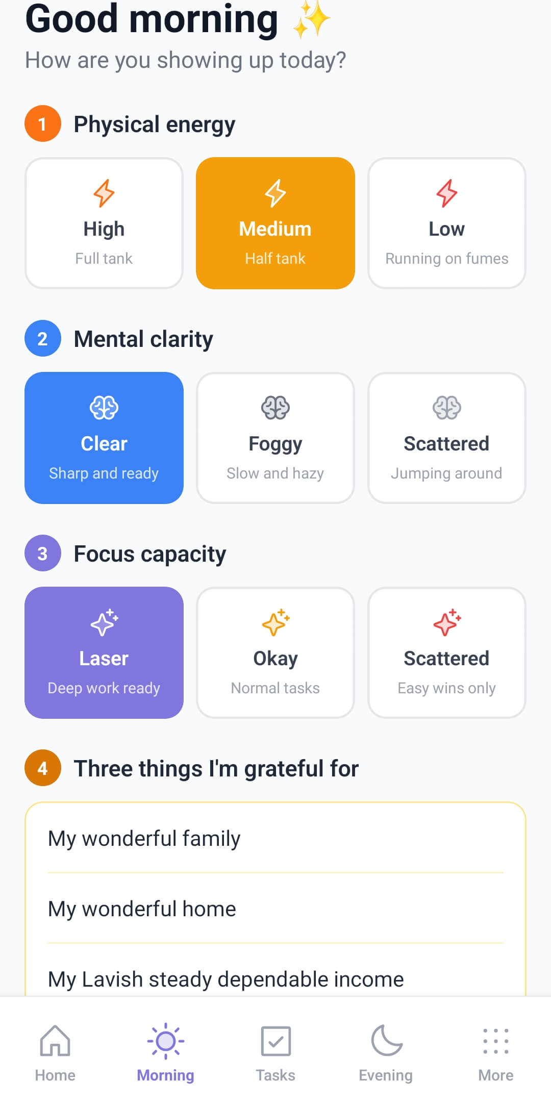 Morning Check-In with energy, clarity and focus options
