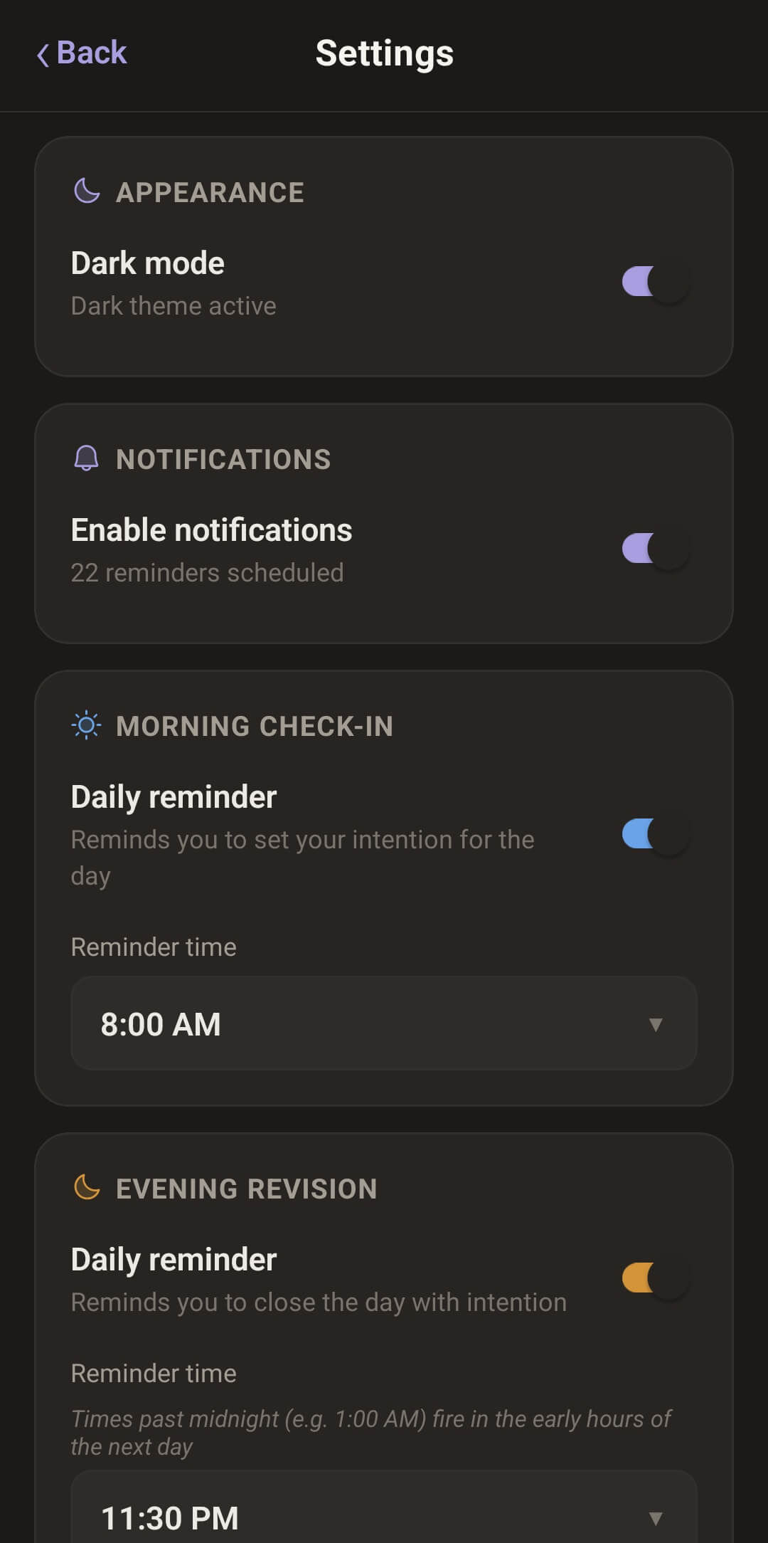 Settings screen in dark mode