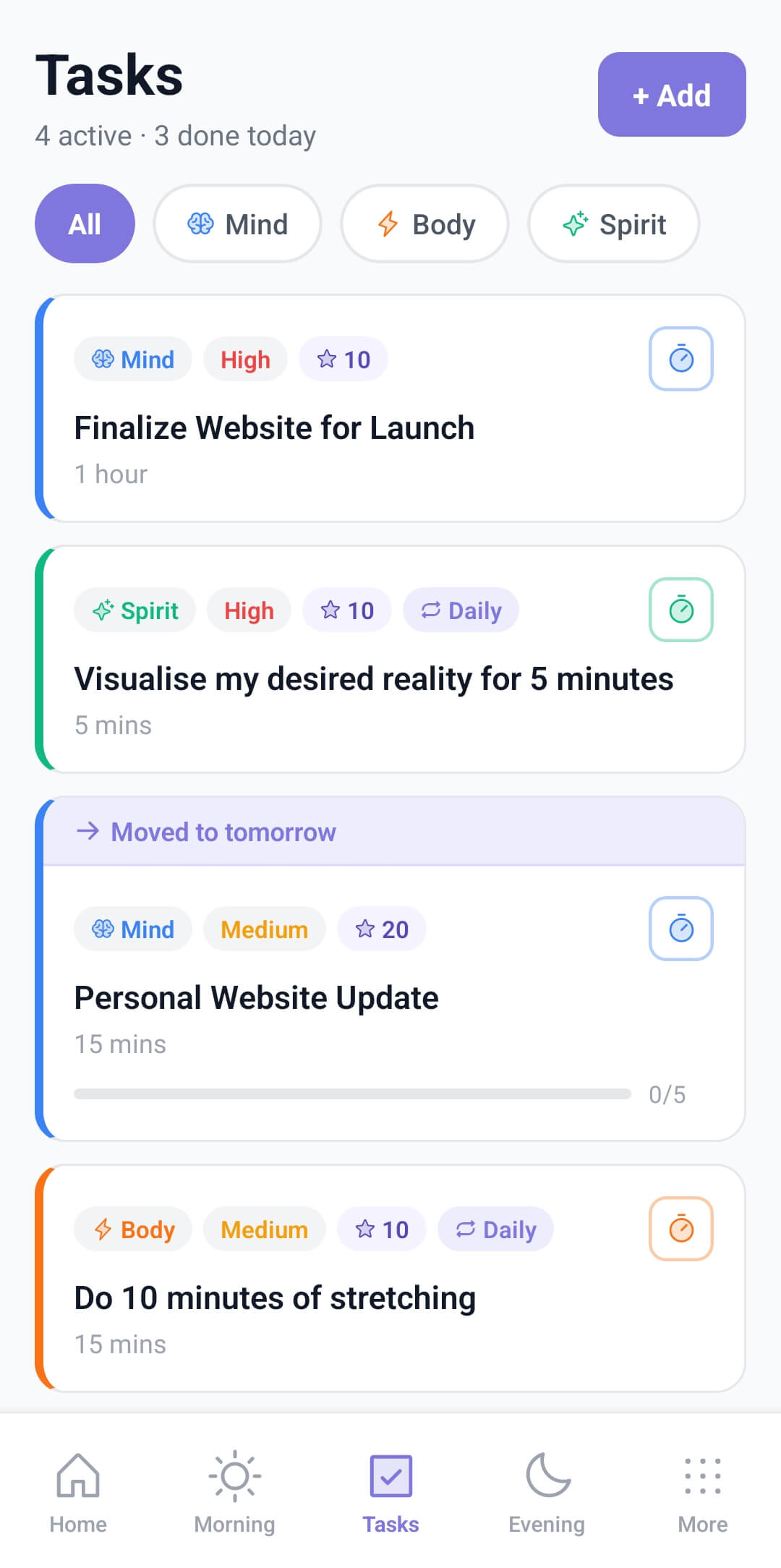 Tasks screen with Mind, Body and Spirit categories