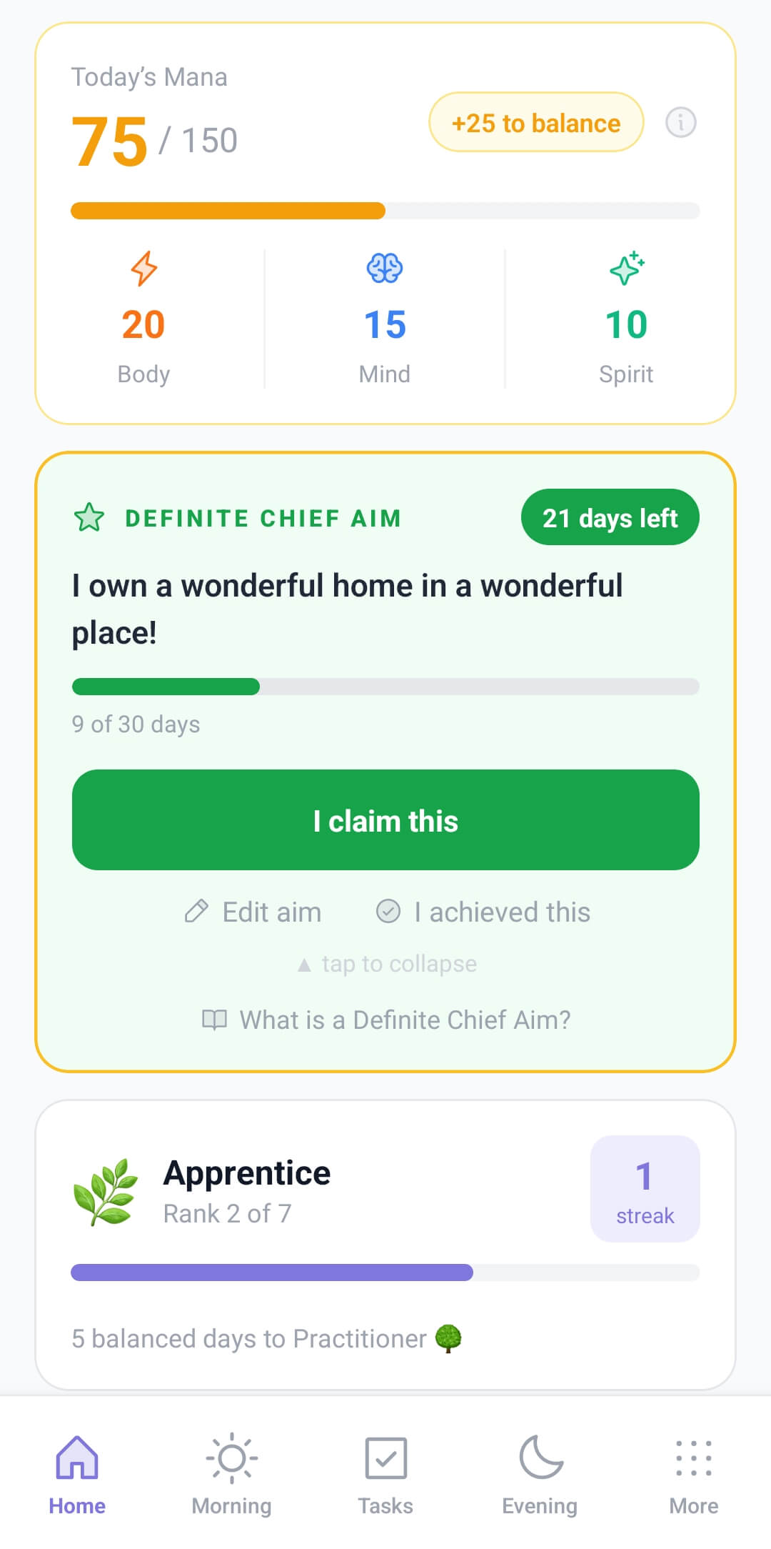 Home screen showing mana bar, Chief Aim card and rank